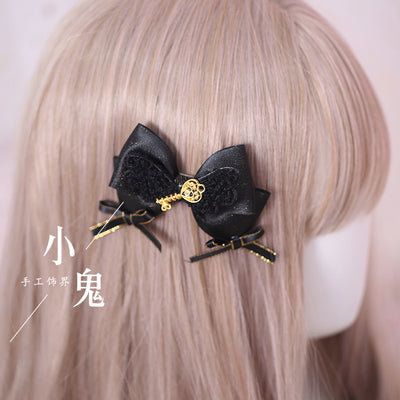 gothic lolita bow hairclip dark blue multilayer beads kc deep classic color choice lolita headwear