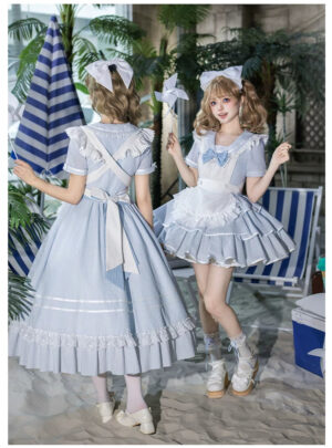 Blue pinstriped classic lolita sailor collar one-piece dress back view with cross-back white sash bow tiered ruffled skirt lace trim
