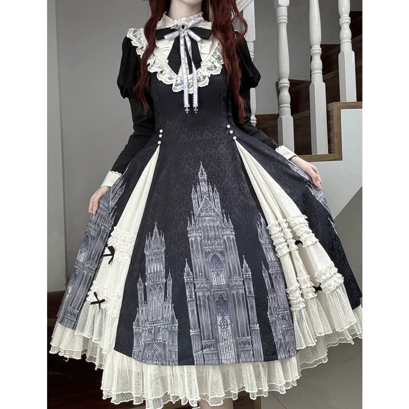 Church Bell gothic lolita OP dress front panel cathedral print design detail with architectural motif pattern on black jacquard background