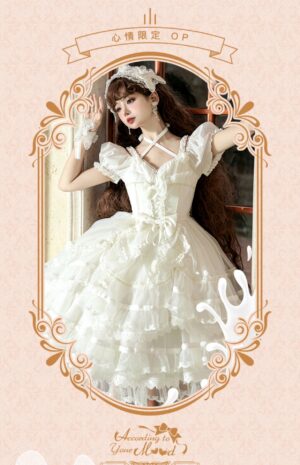 Pure white sweet lolita OP dress with multi-layered organza ruffles, off-shoulder puff sleeves, cross strap design and decorative bows - vintage frame brand poster display
