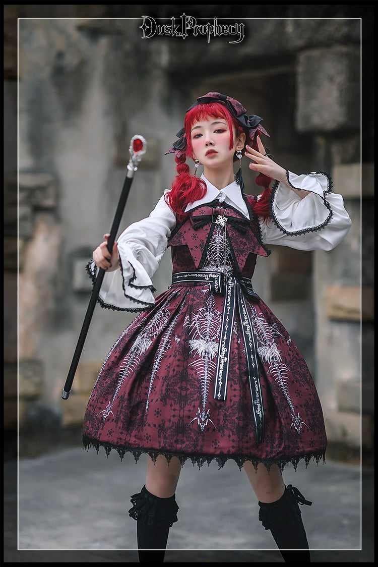 DuskProphecy - Coccyx - Elegant Lolita Dress High Waist Fishbone Print JSK Set