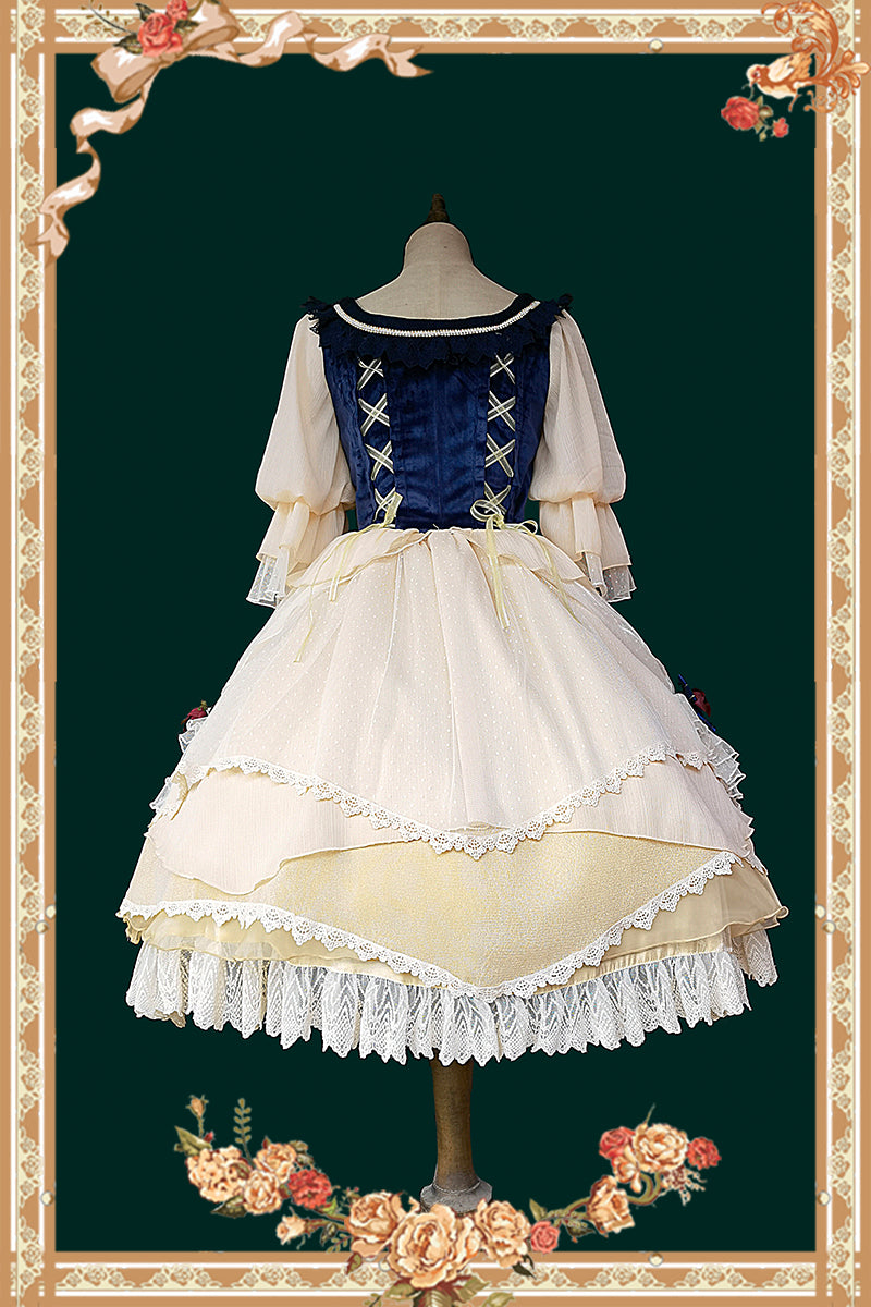 Snow White Lolita OP dress back view on mannequin showing lace-up corset construction and multi-layered ruffled skirt with lace edges and matching ruffled sleeves against vintage frame