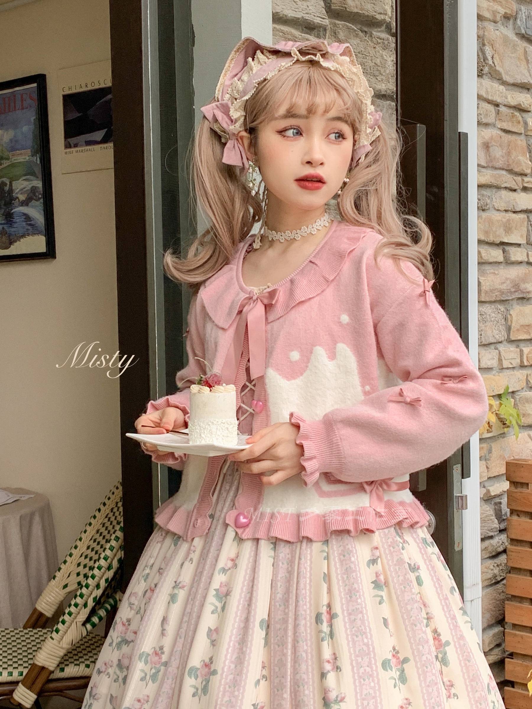 Sweet Lolita puff sleeve cardigan coat burgundy color option with heart appliqué detail