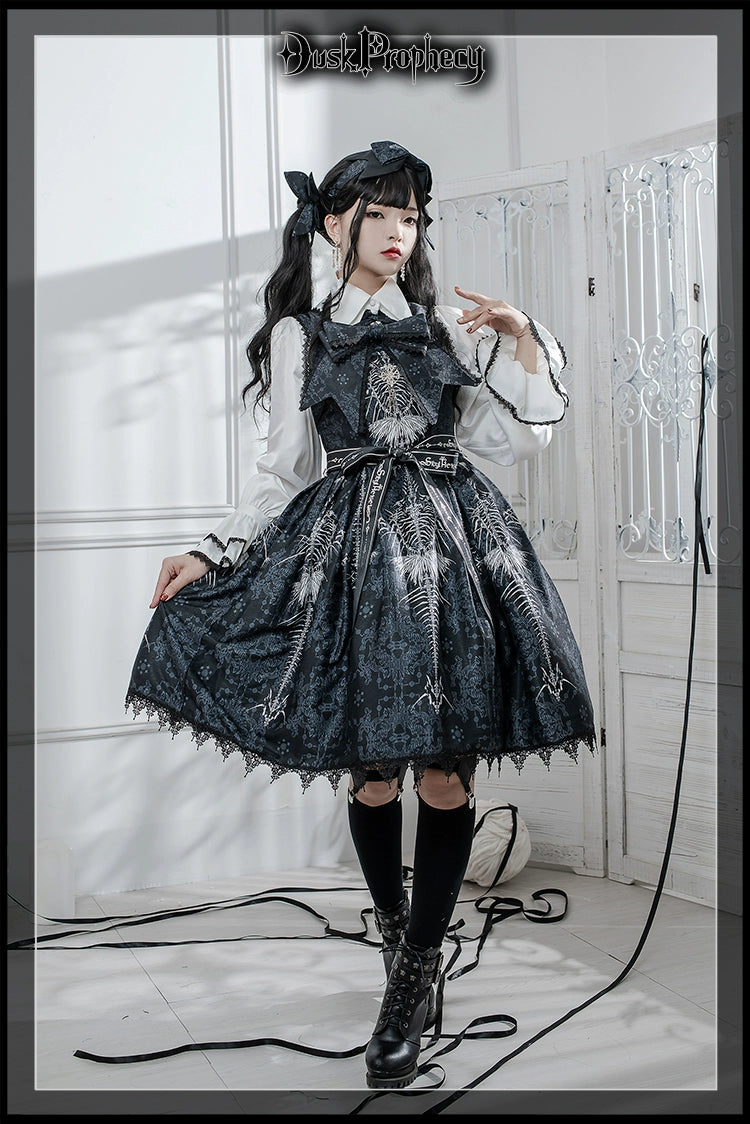 DuskProphecy - Coccyx - Elegant Lolita Dress High Waist Fishbone Print JSK Set - Image 63