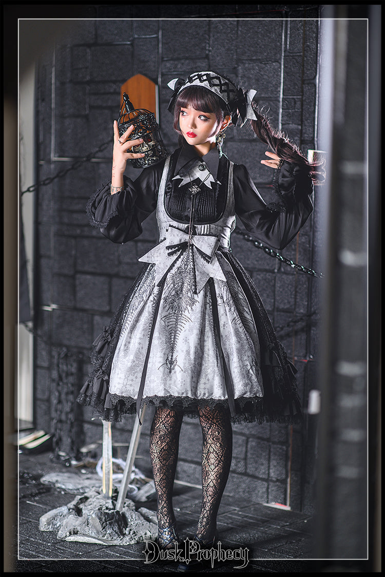 DuskProphecy - Coccyx - Elegant Lolita Dress High Waist Fishbone Print JSK Set - Image 61