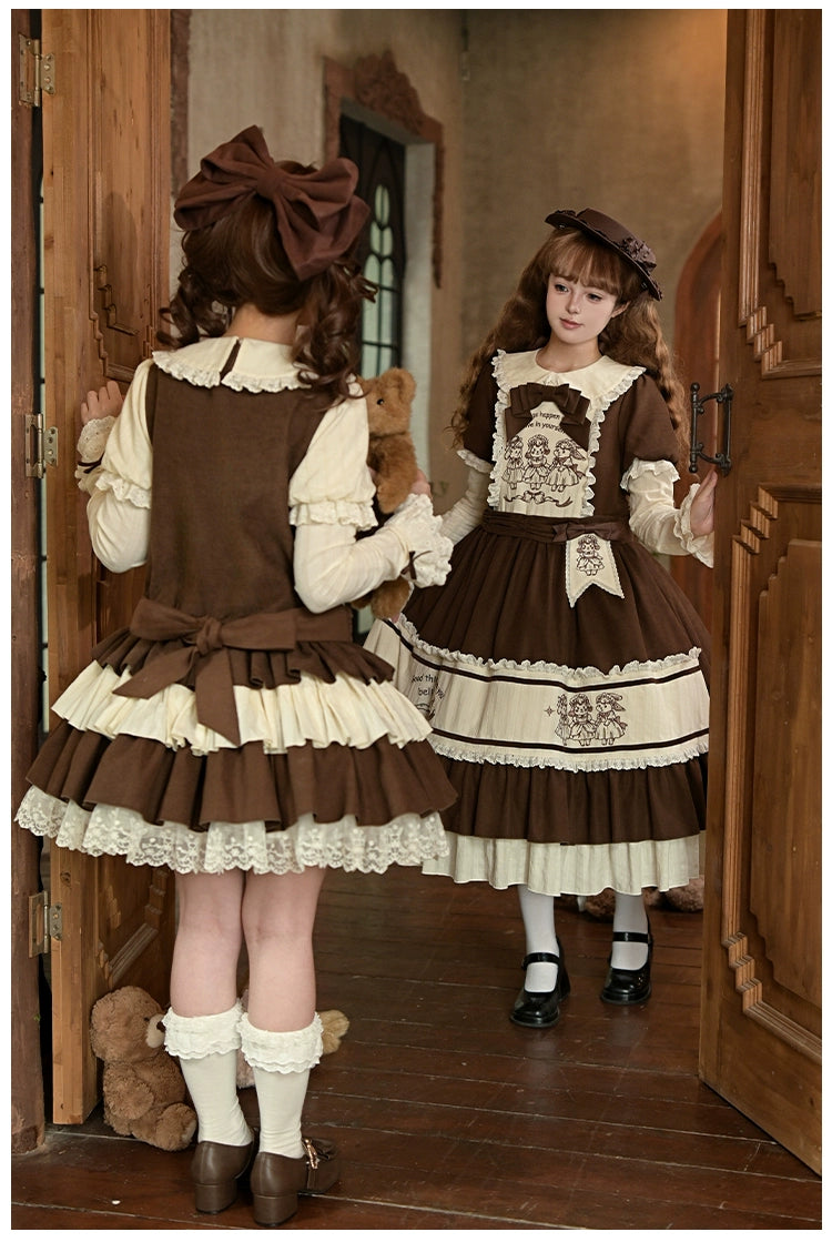 Sugar Frost Tale Lolita OP dress full back view dual-model showing back bow sash silhouette brown leather shoes white frilled socks