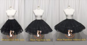 black lolita petticoat napoleon style comparison showing three different fullness levels on dress mannequin front view