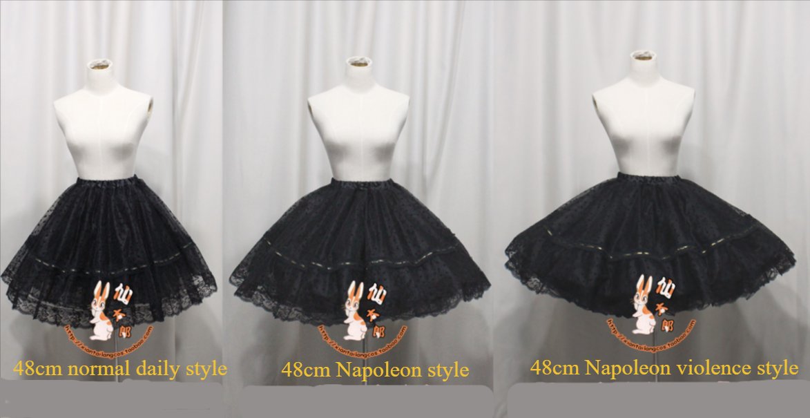 black lolita petticoat napoleon style comparison showing three different fullness levels on dress mannequin front view
