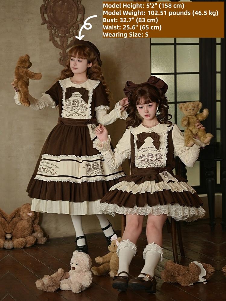 Lolita OP dress size reference dual-model front full-body standing sitting position model height 158cm weight 46.5kg wearing size S with plush props