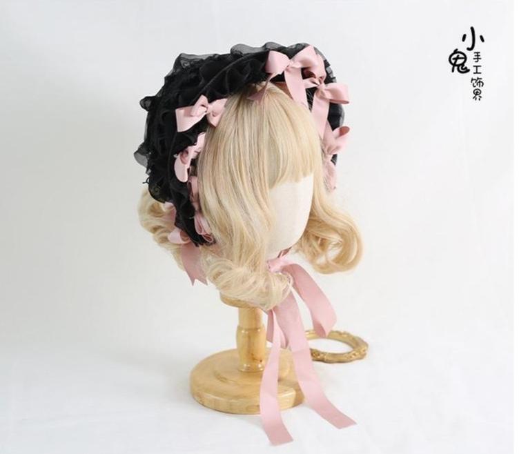 Lolita lace bonnet headdress fabric texture detail premium ruffled lace mesh satin bow materials showcase