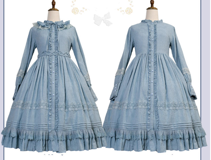 dusty blue lolita dress romantic silhouette gathered skirt movement grace fluid elegance spring autumn outings