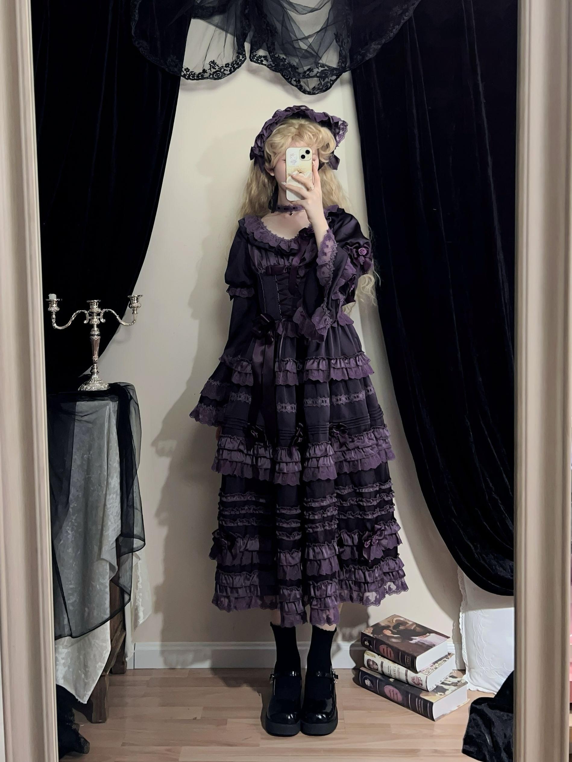 Stacked Black Currant - Gothic Lolita OP Dress, Detachable Skirt Hem - Image 11