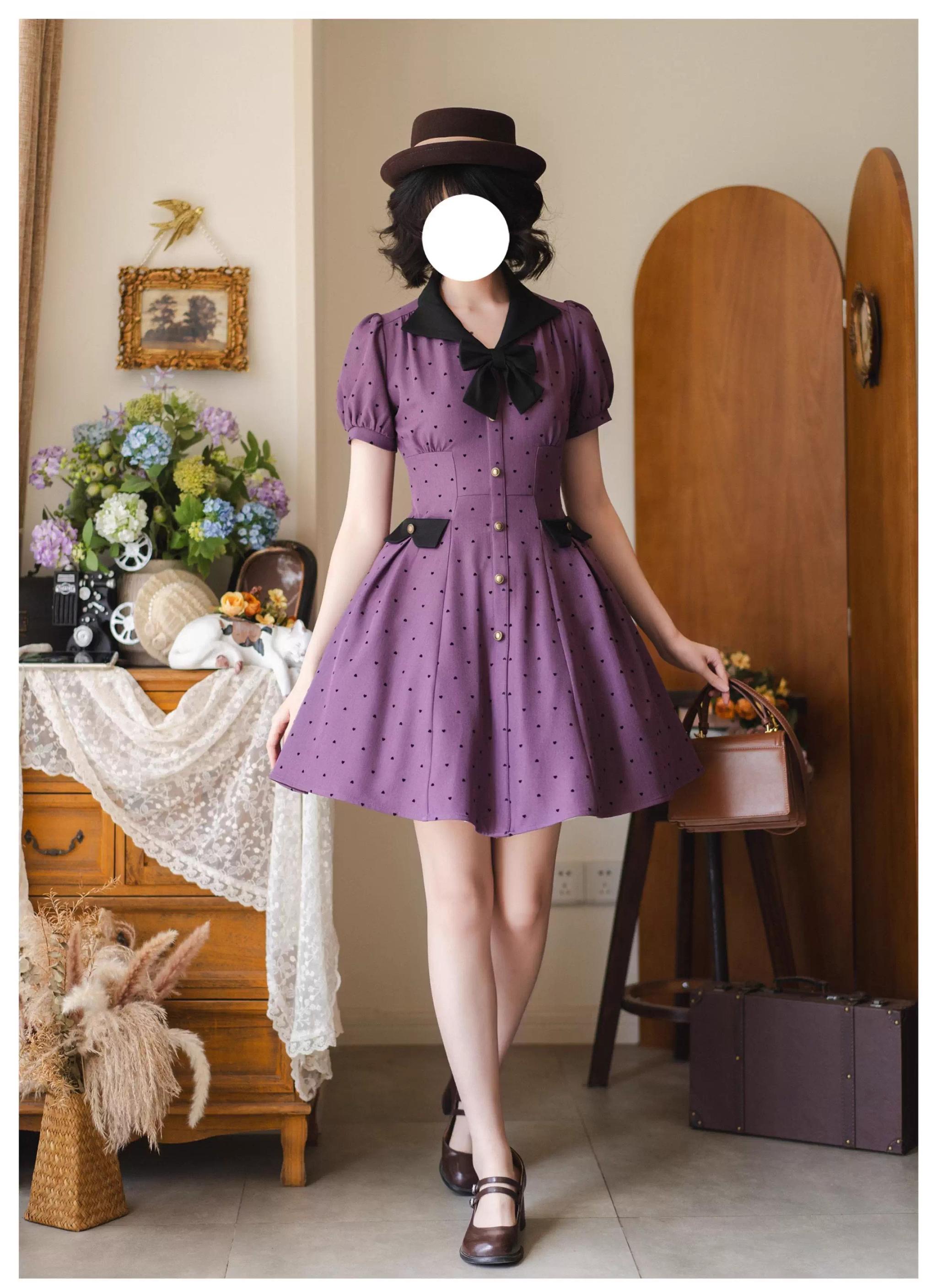 Purple polka-dot lolita OP dress full wearing effect on model natural indoor pose brown hat vintage handbag leather shoes complete styled coord