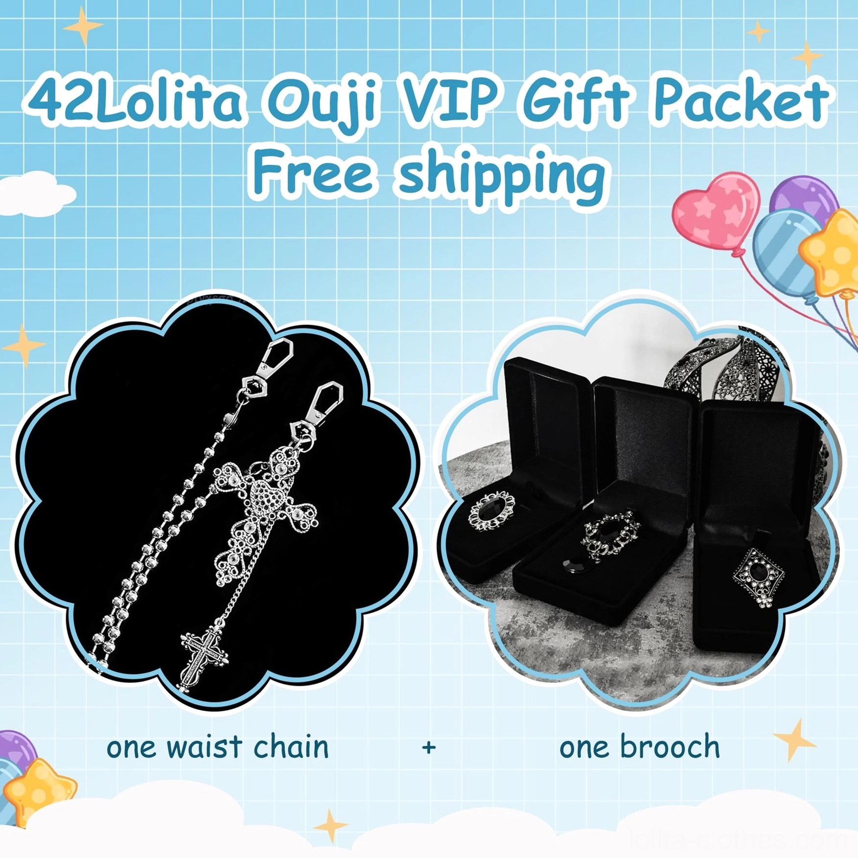 2024 Ouji VIP gift packet featuring a silver gothic cross waist chain with dangling cross tassel and ornate silver-tone Ouji brooch designs displayed on black velvet