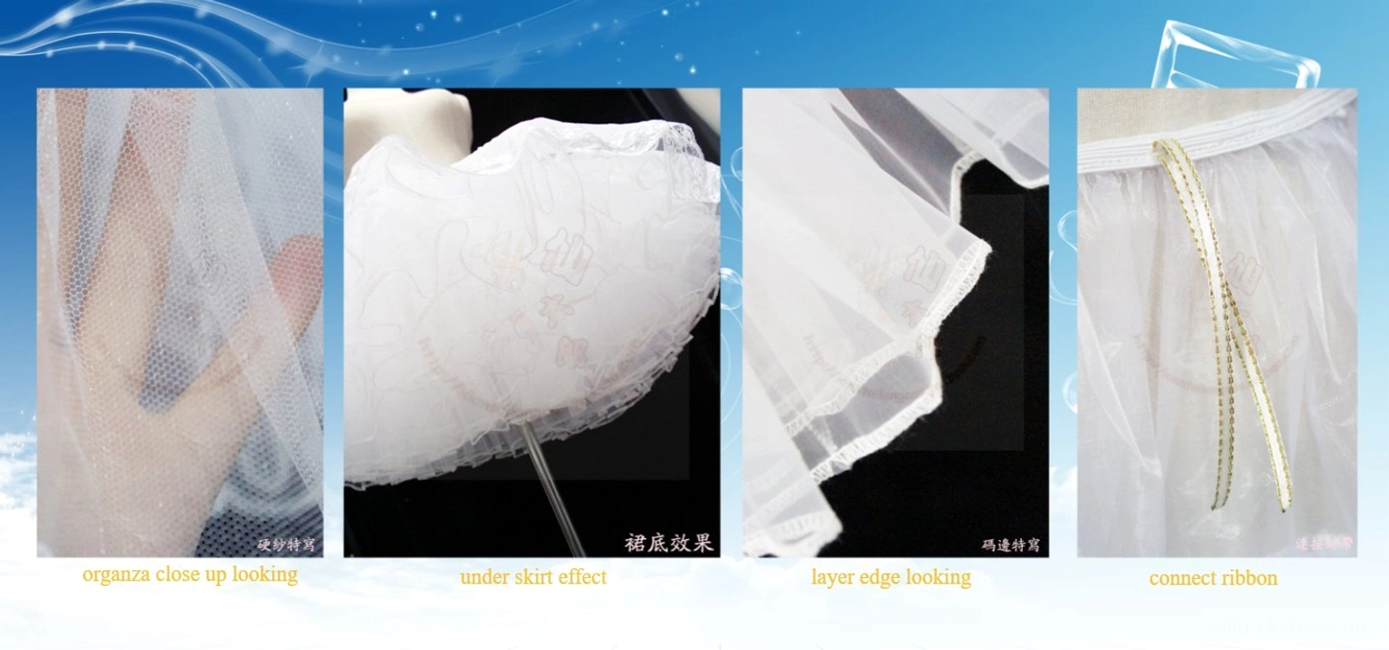 lolita petticoat detailed close-up panels showing organza fabric texture hem lace edge and adjustable waist ribbon
