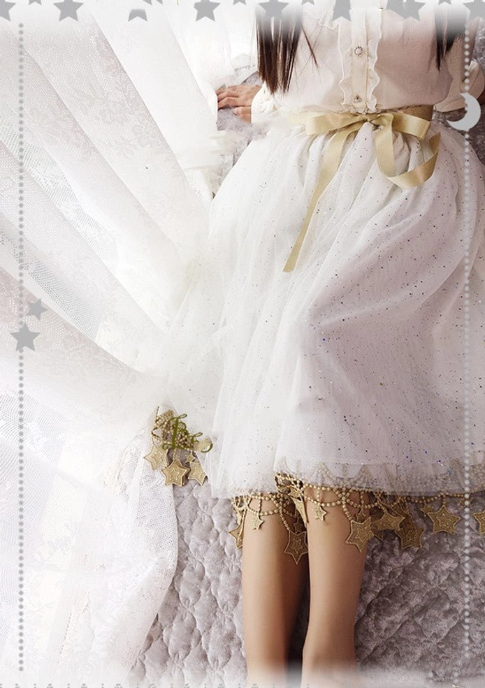 Extended length 60cm lolita petticoat showcasing midi silhouette gold star lace hem celestial design