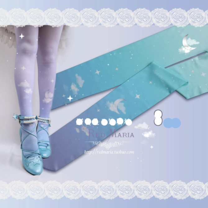 80D velvet lolita tights flat lay and model leg composite view showing celestial starry cloud gradient print premium fabric
