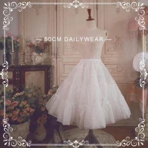 A-line daily wear petticoat 60cm white tiered tulle displayed on dress form front view vintage room background lolita underskirt