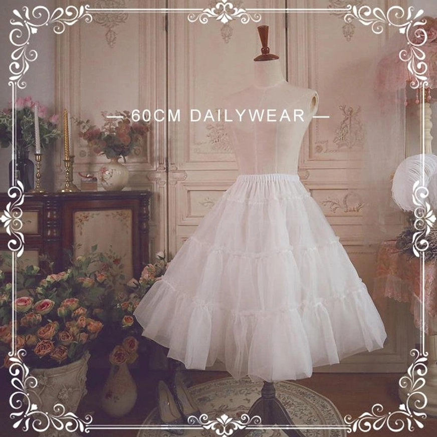 A-line daily wear petticoat 60cm white tiered tulle displayed on dress form front view vintage room background lolita underskirt
