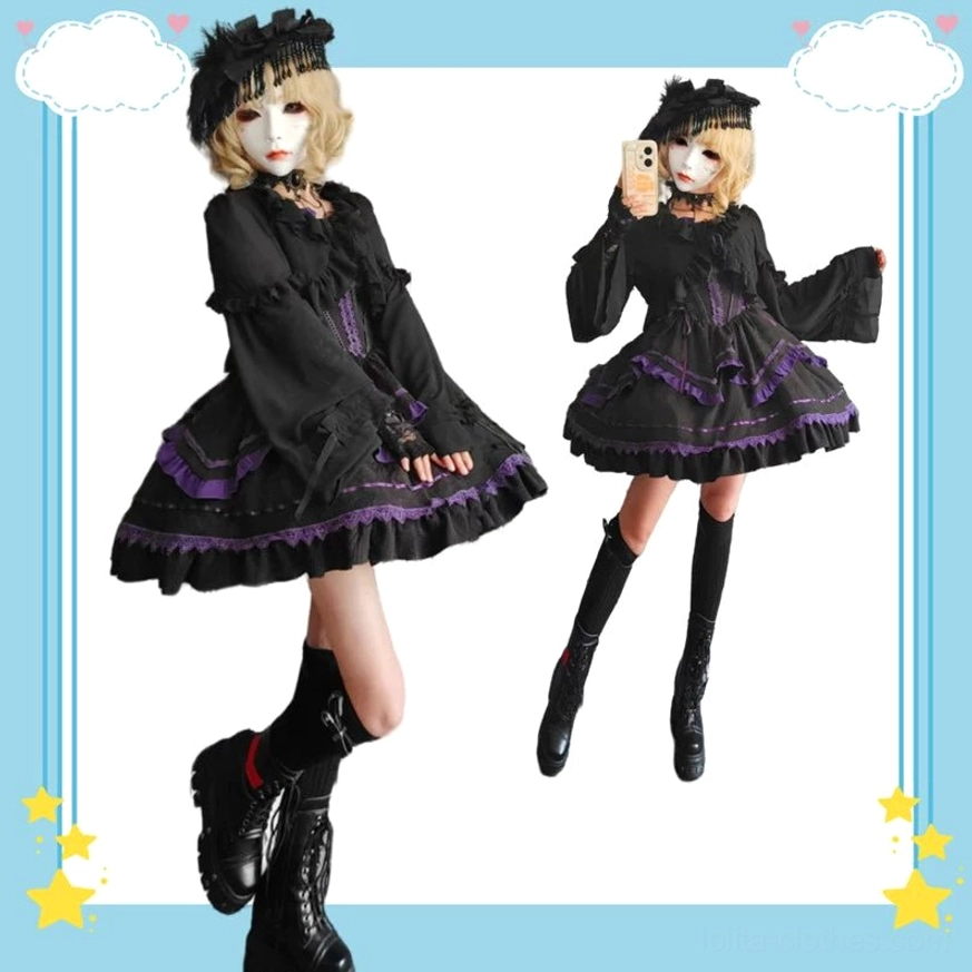 A-style black Gothic Lolita cardigan outfit back and side display two mannequins flared ruffled cuffs layered purple-trimmed skirt hem combat boots