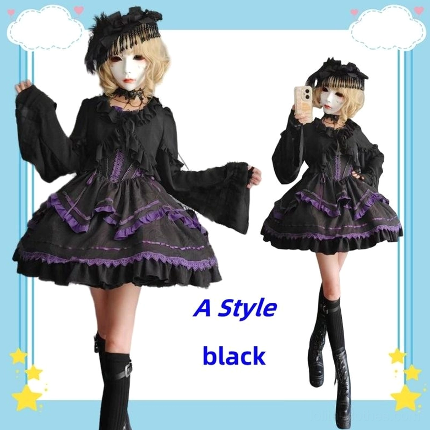 A-style black Gothic Lolita cardigan dress set on two mannequins lace-up corset waist flared long sleeves purple ruffled skirt trims witch hat