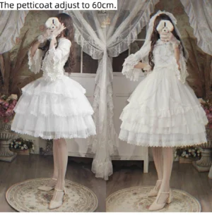 Adjustable bridal lolita petticoat front back full body model view with tiered ruffled tulle skirt silhouette