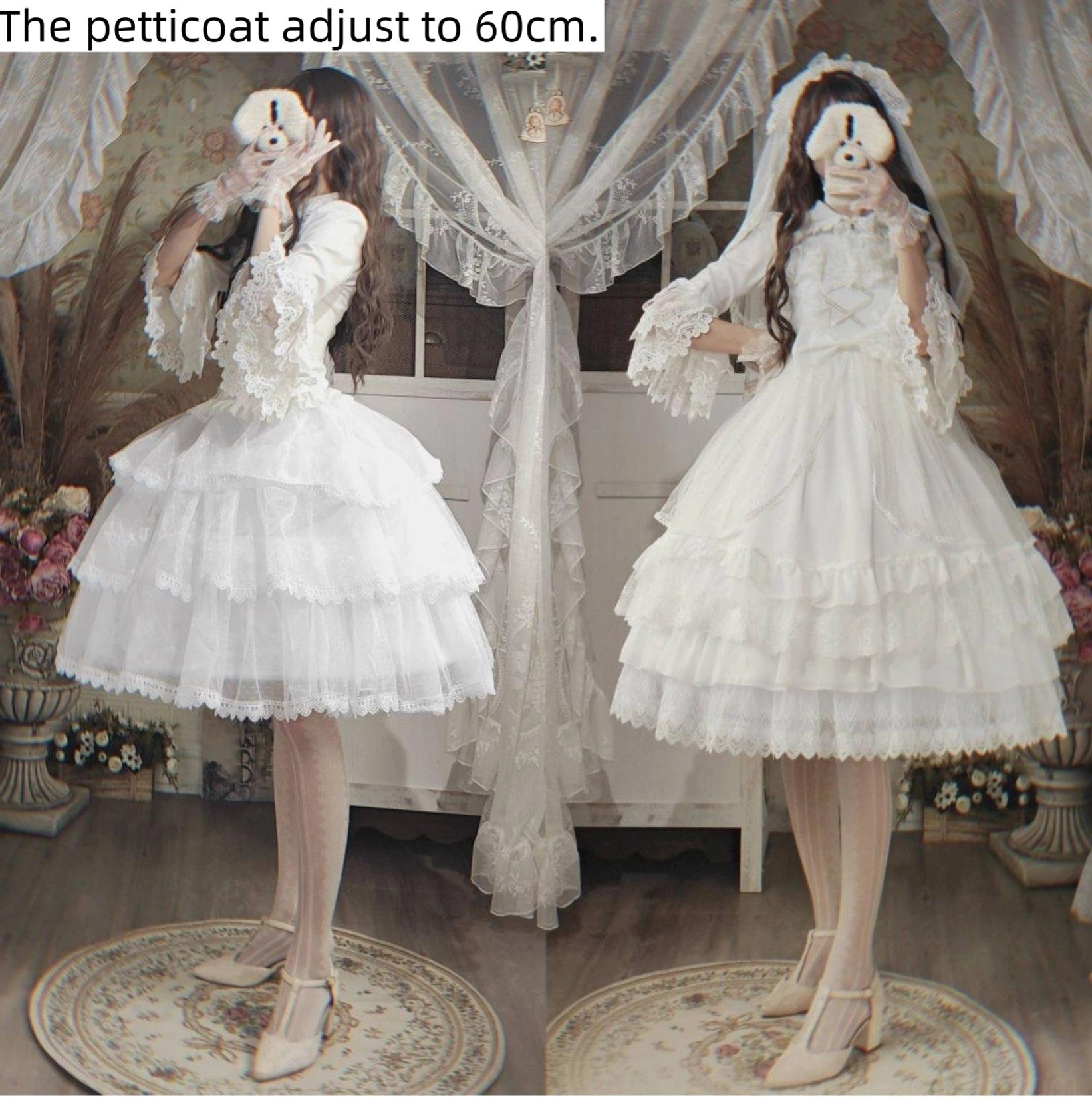 Adjustable bridal lolita petticoat front back full body model view with tiered ruffled tulle skirt silhouette