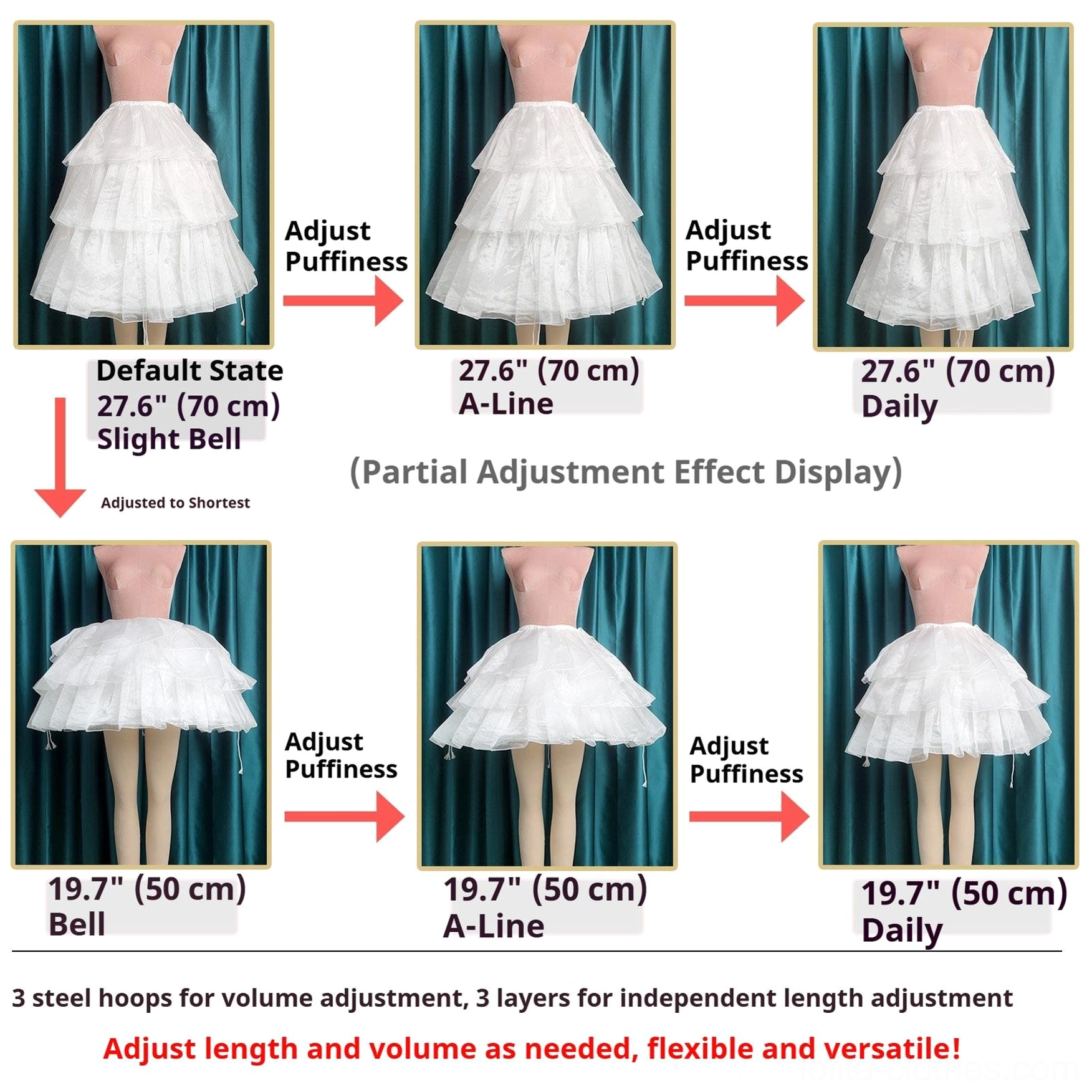 Adjustable hoop petticoat volume control demonstration multiple sizes