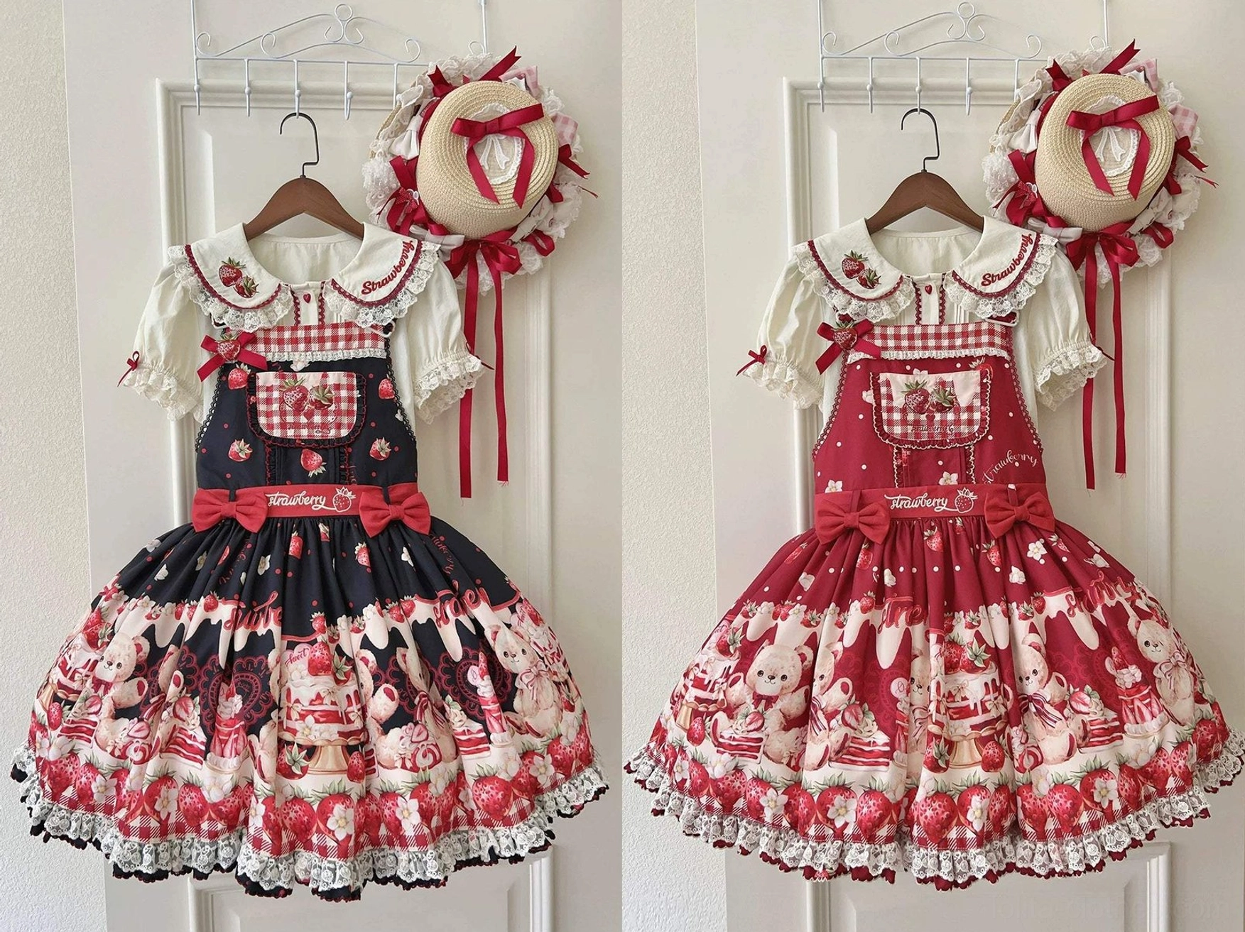 Sweet lolita salopette jsk adjustable shoulder straps close-up detail showing customizable length fitting for different bust sizes and frame proportions