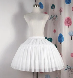 Adjustable white Lolita hoop puffy petticoat front view displayed on dress mannequin showing full fluffy bell-shaped silhouette with pleated tulle skirt