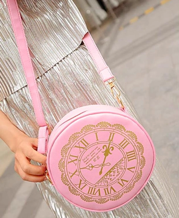 Alice Clock round lolita bag gold clock print ornate lace detail close-up