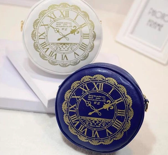 Alice Clock round lolita crossbody bag white navy blue clock lace print display