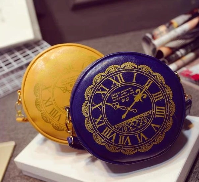 Alice Clock round lolita bag yellow dark purple elaborate gold clock print makeup props