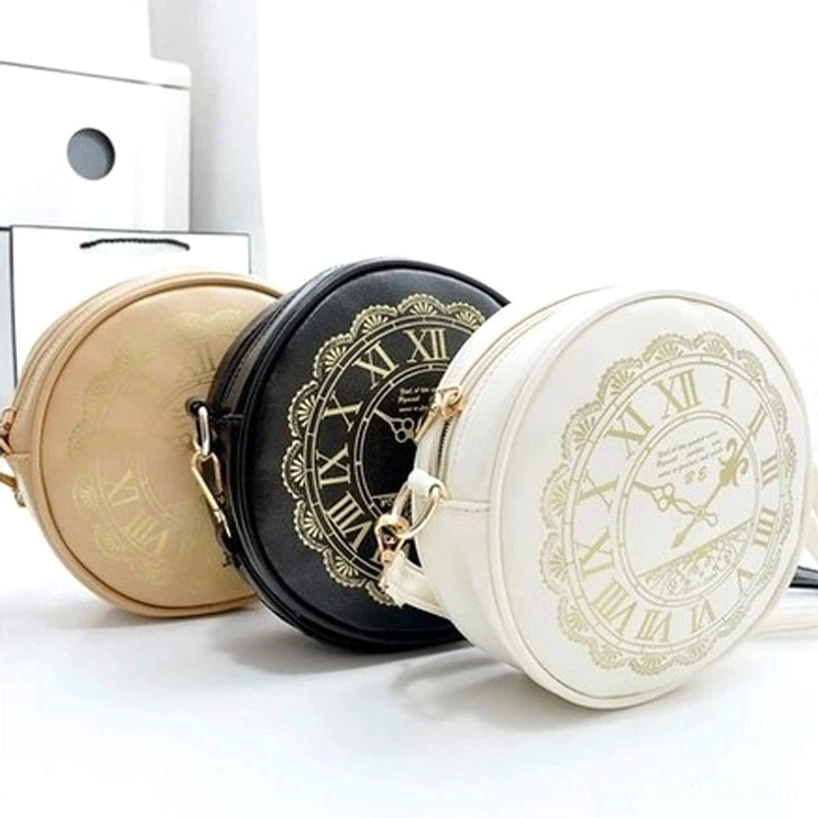 Three Alice Clock round lolita crossbody bags multiple color options beige black white side view