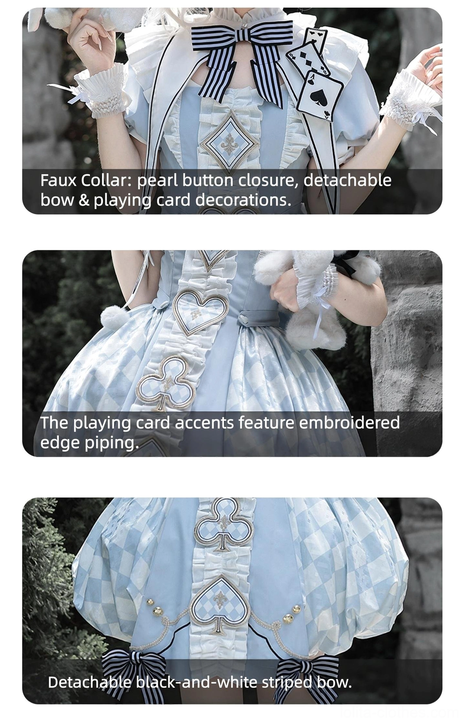 Three-part detail showcase of Alice Lolita dress: detachable faux collar with pearl button closure and playing card decorations, embroidered playing card accents with edge piping, detachable black-white striped bows at hem