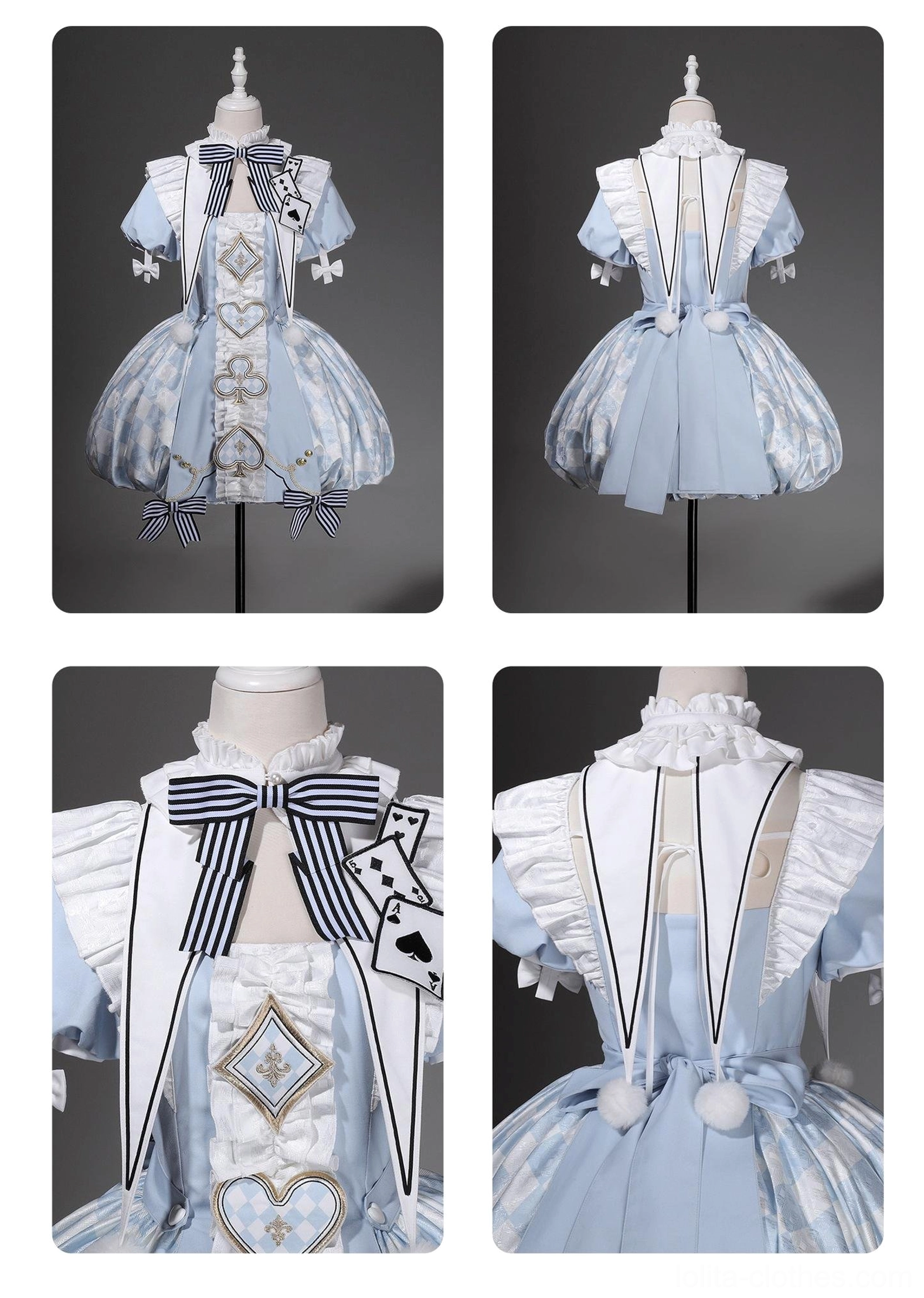 Detachable faux collar component for Alice Lolita dress featuring decorative bow and playing card themed embellishments, suitable for sizes S through 2XL, styling accent piece
