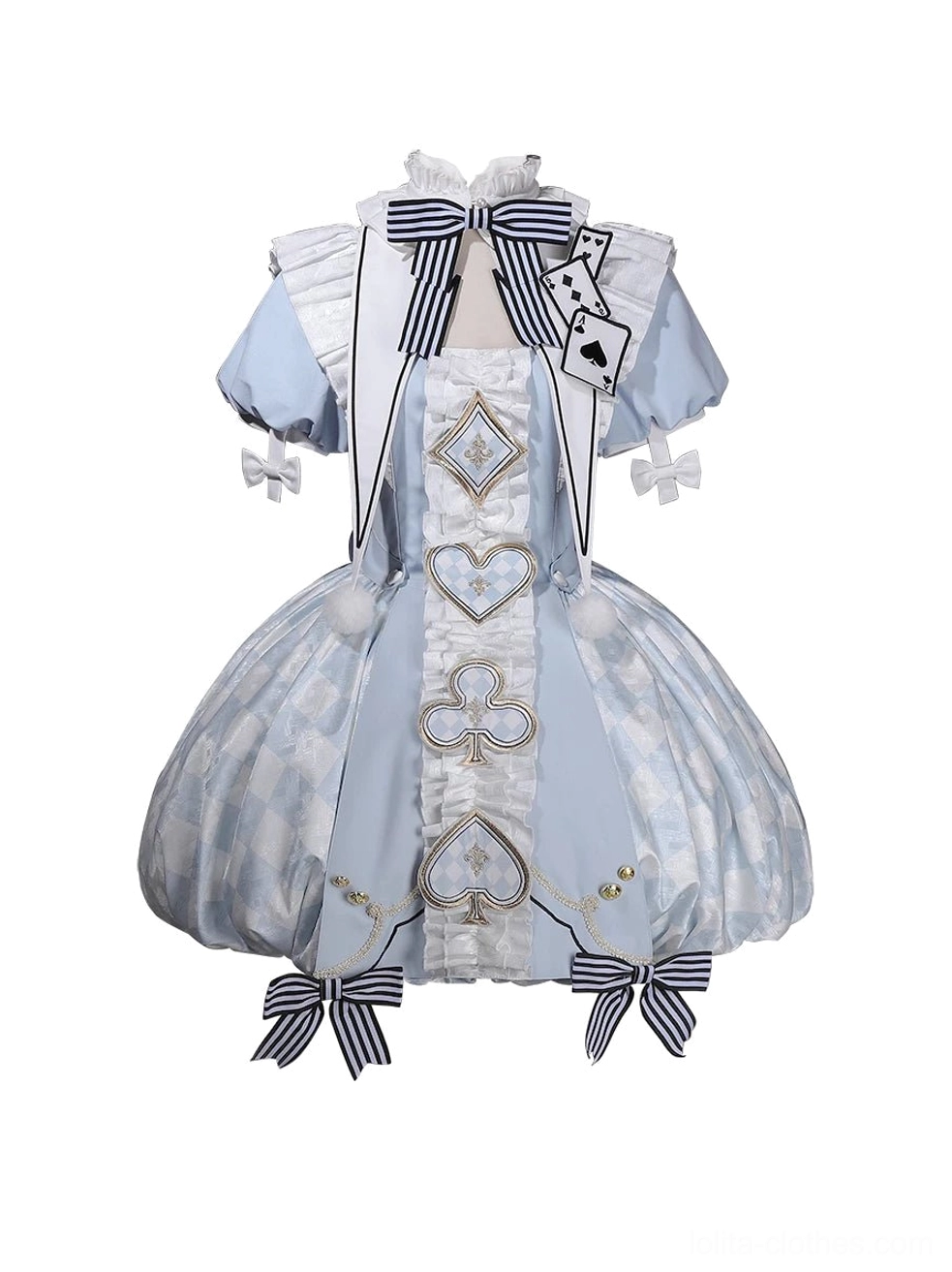 Close-up product photography of blue Alice Lolita OP dress showing jacquard fabric texture, embroidered front details, ruffle construction, and playing card motif decorations