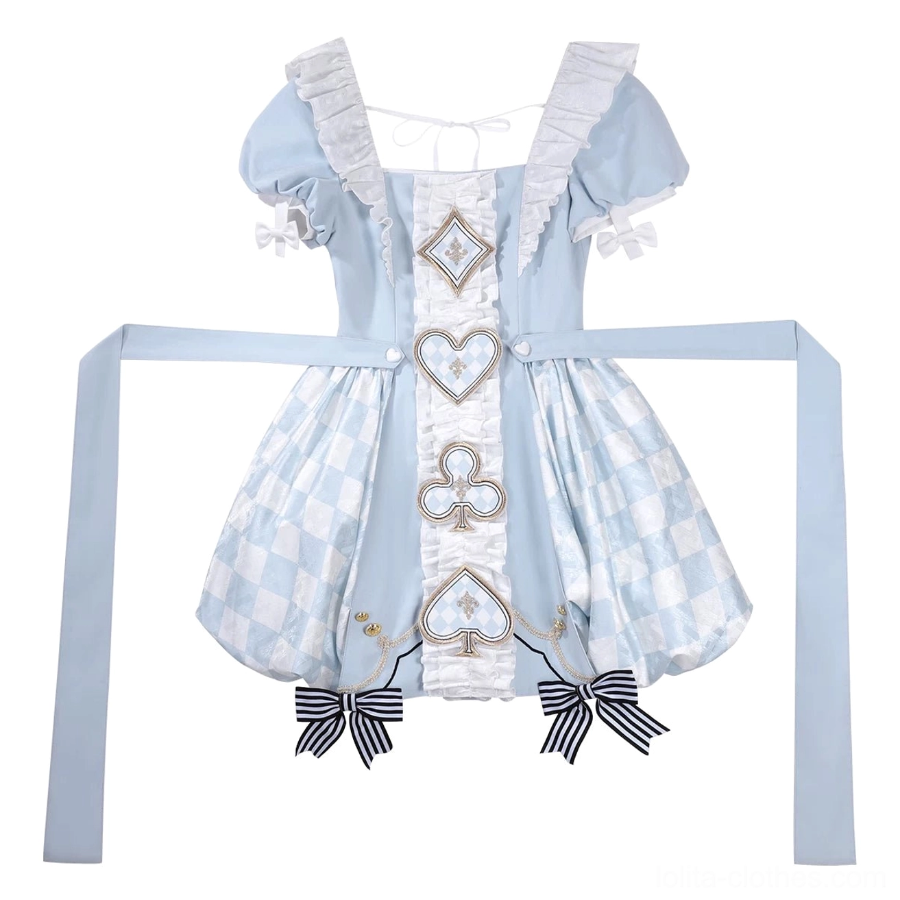 OP dress only component of Alice Lolita ensemble in light blue with bubble hem, available in sizes S through 2XL, showing full front silhouette without faux collar