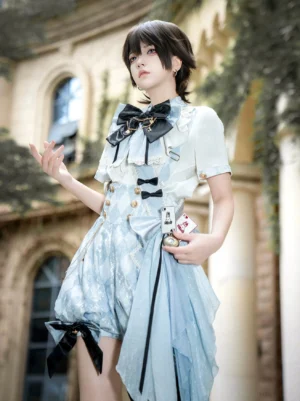 Checkered Ouji Lolita blouse close-up front chest details spade poker pendant golden buttons layered black bow tie