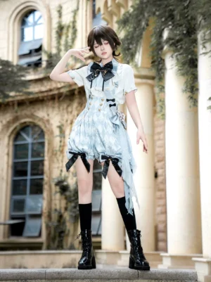 Alice in Wonderland checkered Ouji Lolita suit full-body front view pale blue white checkered blouse black suspender shorts bow tie
