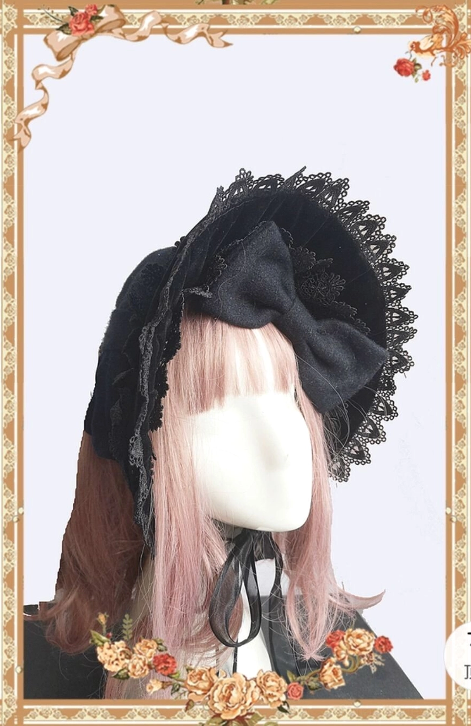 All-black Gothic Lolita bonnet with large black bow and ruffled black lace brim, adjustable neck fastening strap, front view on mannequin