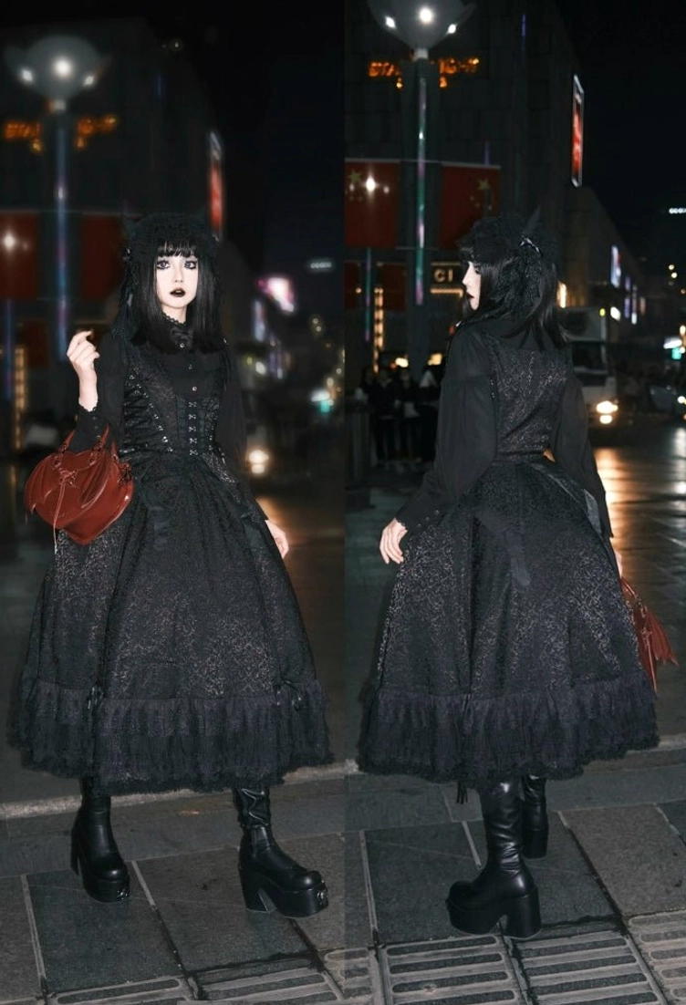 All-black gothic lolita corset vest variant in classic monochrome black, traditional gothic aesthetic, dual fishbone boning structure, refined lace trim, and butterfly-pattern hemline