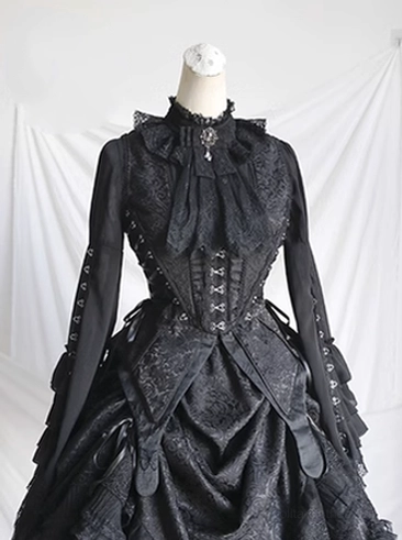 All-black gothic lolita corset vest standalone display featuring classic monochrome aesthetic, dual fishbone boning structure, refined lace trim, and traditional gothic elegance