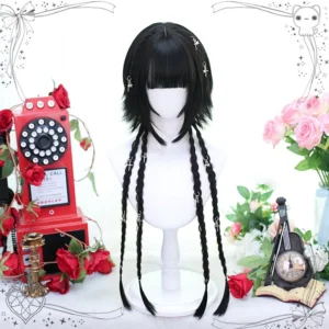 All-black Lolita short wig with long twin braids, thick blunt bangs, and cross-shaped hair accessories on mannequin head vintage styling