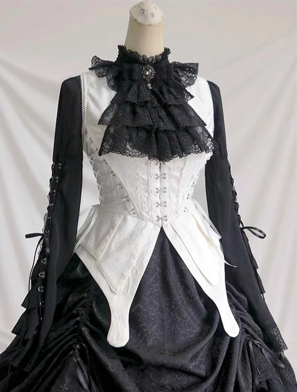 All-white gothic lolita vest variant detail showing white corset construction, pristine lace trim, refined butterfly-shaped hemline, structured boning pattern, and monochrome elegance
