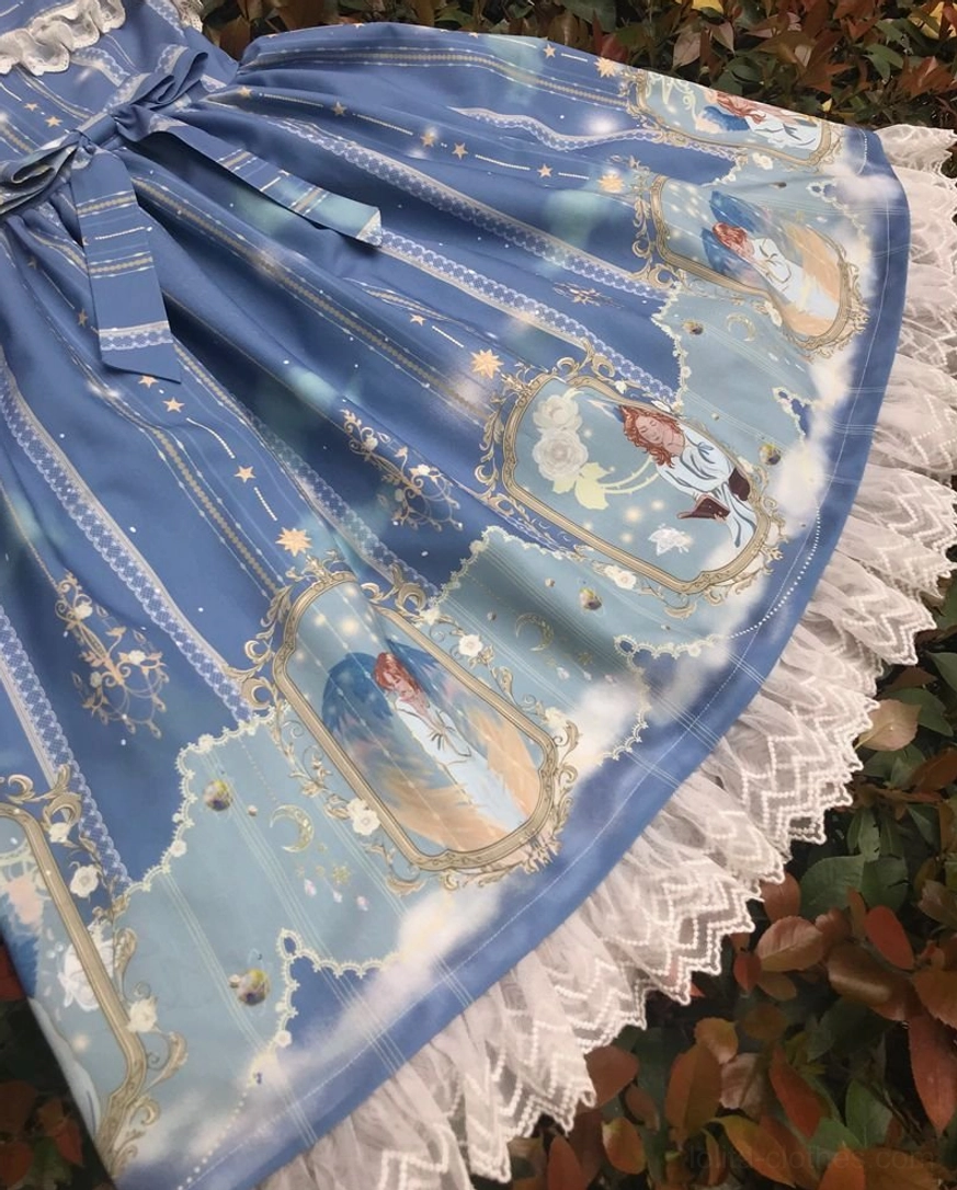 Angel-printed Lolita jumper skirt fabric close-up showing lace details, angel framed portraits, and premium slub linen texture