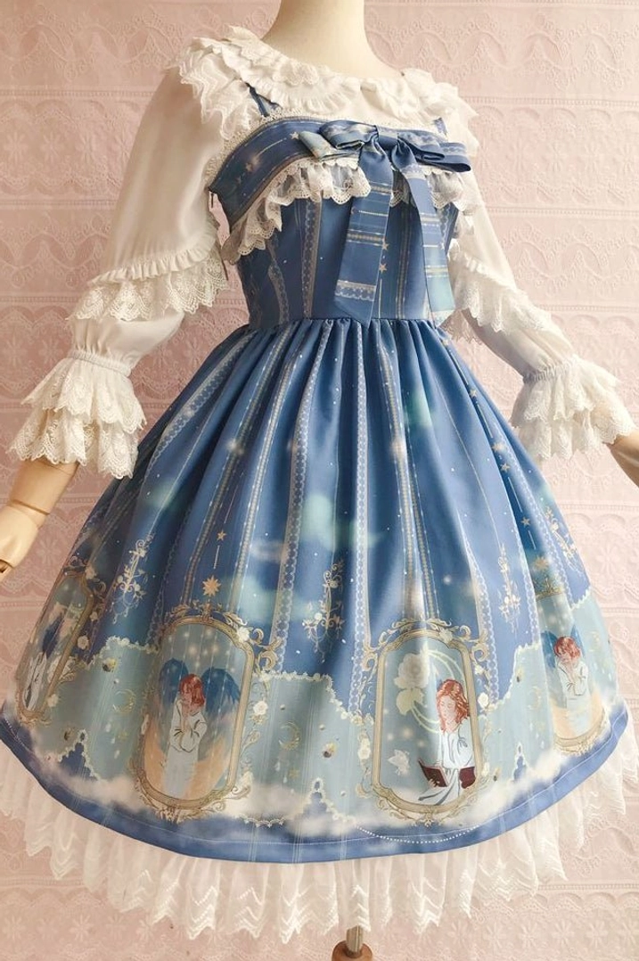 Angel-themed Lolita JSK dress with pleated waist, celestial prints, and lace bust trim - direct front view mannequin display