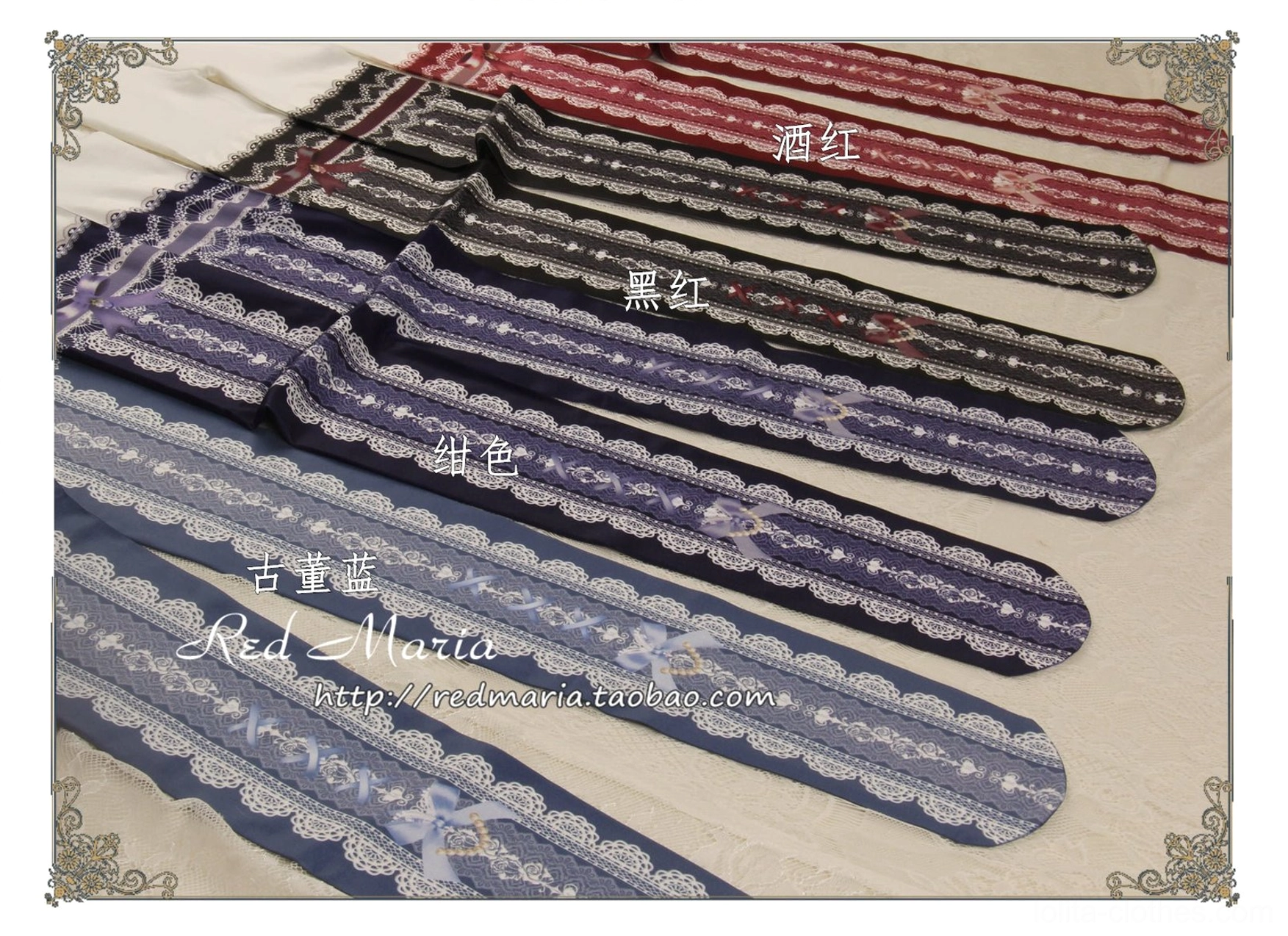 Antique blue lace bow 80D lolita pantyhose classic style detailed lace pattern showcase