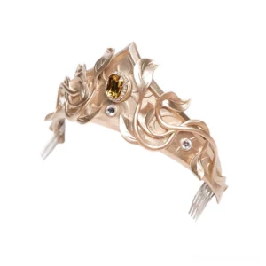 Antique gold leaf crown tiara with carved vine patterns and inlaid yellow gemstones, left three-quarter view, elegant lolita headdress accessory