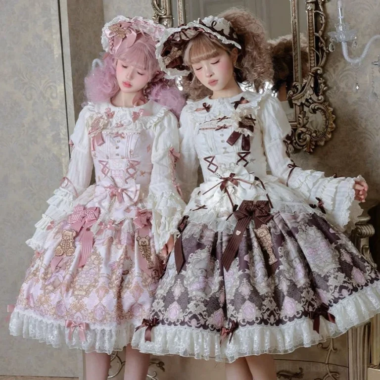 Antique Teddy Bear Classic Lolita JSK dress side view showing A-line silhouette, tulle volume, teddy bear floral print, lace hem, coordinated Hime blouse with bell sleeves